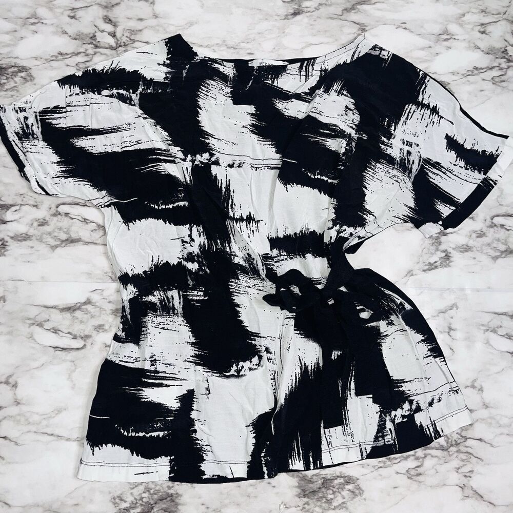 Ipekyol Short Sleeve Blouse Mottled Side Tie Black/White Women XS Workwear Chic